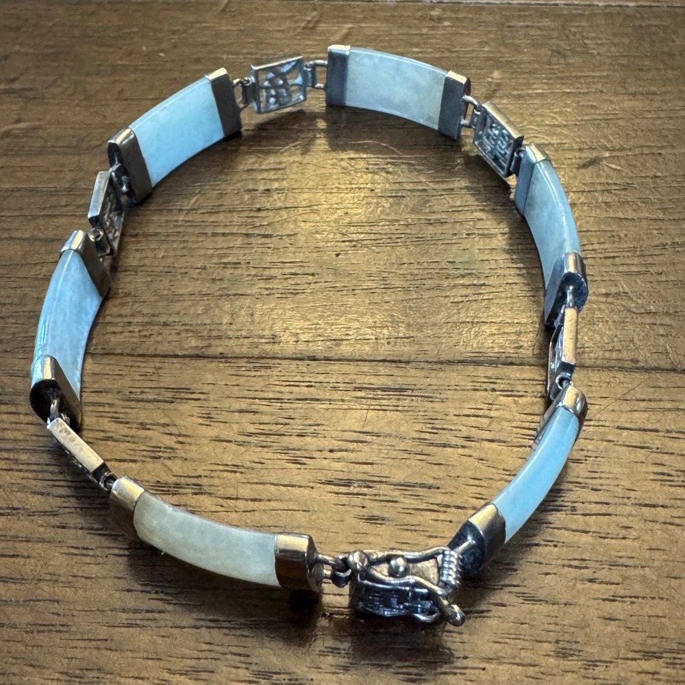 Vintage Jade 925 Sterling Silver Link Bracelet Women Light Green Asian Symbol